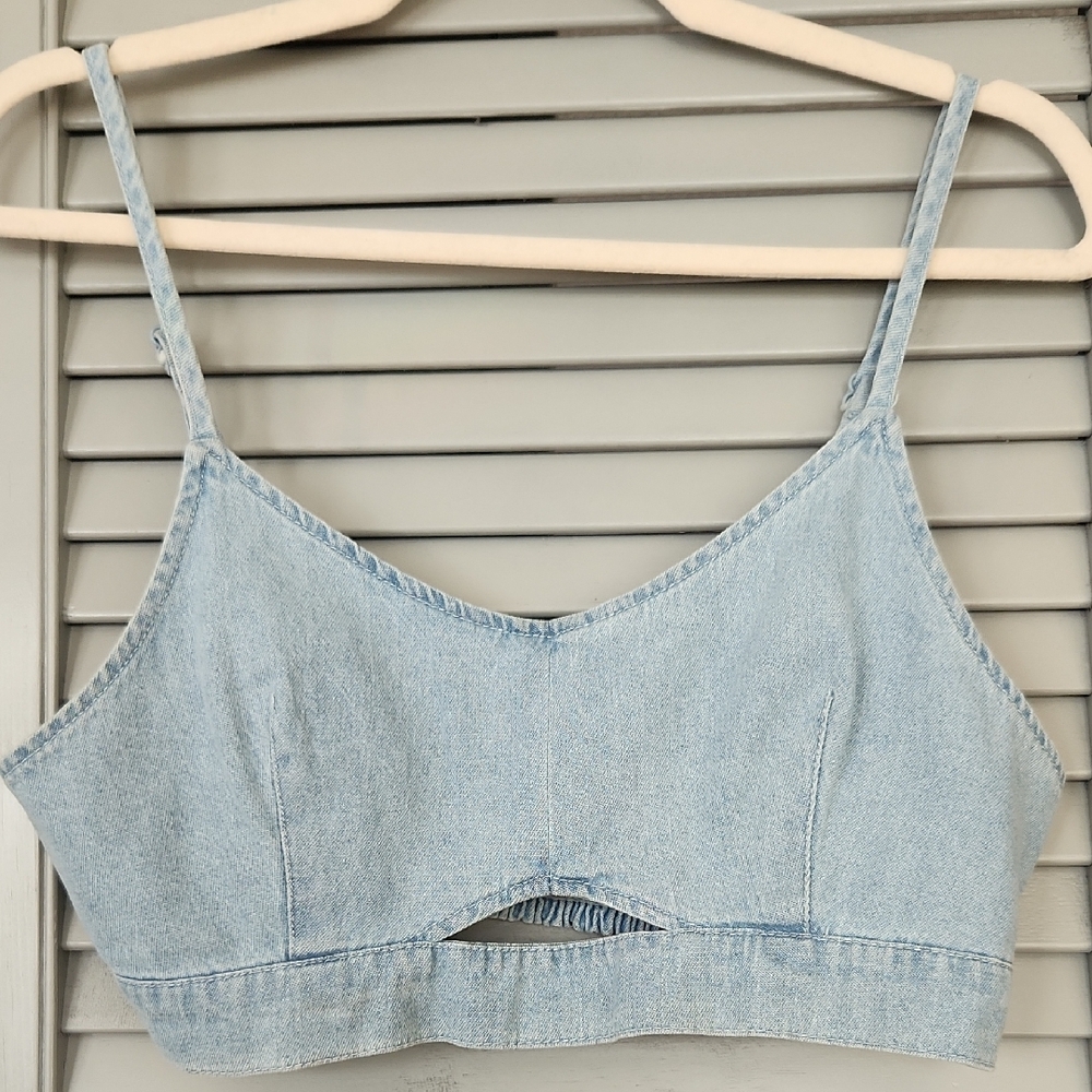 House of Harlow 1960 Denim Bralette Festival Crop Top Light Blue Wash Boho EUC